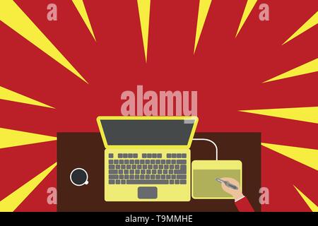 Obere Ansicht laptop hölzernen Schreibtisch Arbeiter Zeichentablett Kaffeetasse Büro. Kopieren Space Design Leere Vorlage für Werbung, Promotion, Poster, Flyer, web Verbot Stock Vektor