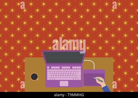 Obere Ansicht laptop hölzernen Schreibtisch Arbeiter Zeichentablett Kaffeetasse Büro. Geschäftskonzept leere Vorlage kopieren Raum isoliert Poster Gutscheine Werbemittel Stock Vektor