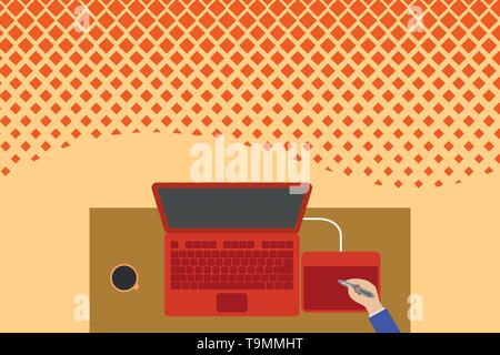 Obere Ansicht laptop hölzernen Schreibtisch Arbeiter Zeichentablett Kaffeetasse Büro. Design Business Konzept leeren Text kopieren für Web Banner Werbemittel mo Stock Vektor