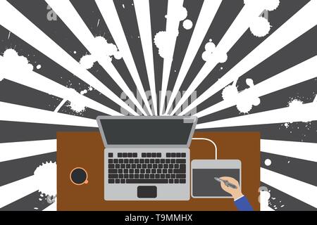 Obere Ansicht laptop hölzernen Schreibtisch Arbeiter Zeichentablett Kaffeetasse Büro. Design business Leere Vorlage isoliert Minimalistische Grafik layout Vorlage für Stock Vektor