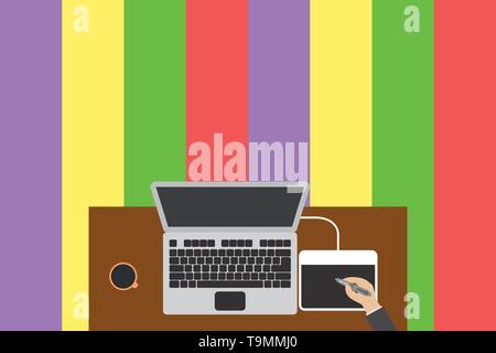 Obere Ansicht laptop hölzernen Schreibtisch Arbeiter Zeichentablett Kaffeetasse Büro. Design Business Konzept leere Raum modernen abstrakten Hintergrund Stock Vektor
