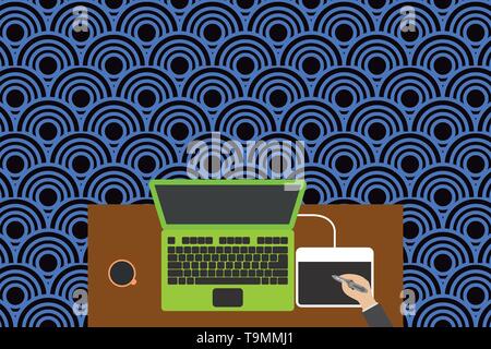 Obere Ansicht laptop hölzernen Schreibtisch Arbeiter Zeichentablett Kaffeetasse Büro. Design Business Konzept leeren Text kopieren für Web Banner Werbemittel mo Stock Vektor