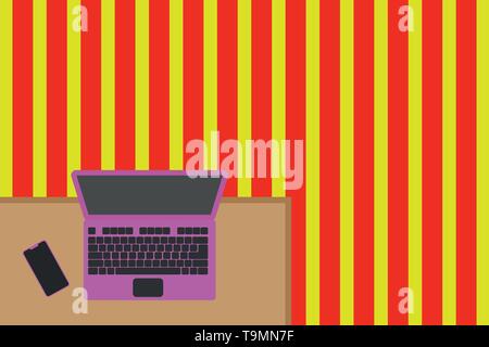 Obere Ansicht Büro Arbeitsplatz Laptop Lügen Holzschreibtisch smartphone Seite Geschäftskonzept leere Vorlage kopieren Raum isoliert Poster Gutscheine Förderung Stock Vektor