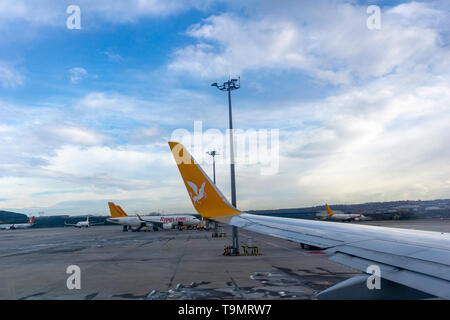 Flugzeug von Pegasus Airlines in Istanbul Sabiha Gökcen International Airport am frühen Morgen rollen, in der Türkei, Istanbul, 14.01.2019 Stockfoto