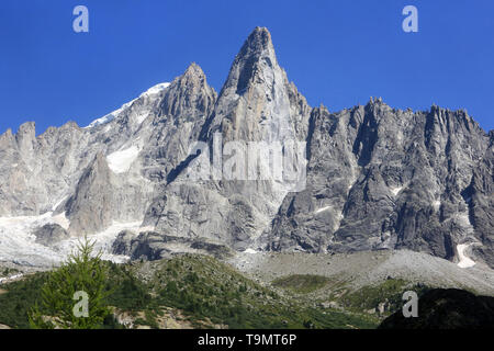 Les Drus (3754 m). Le Petit Dru (3.730 m) et le grand Dru (3.754 m). Glacier du Nant Blanc. Rogon des Drus. Gletscher des Drus. Aiguille Verte. Pas Stockfoto