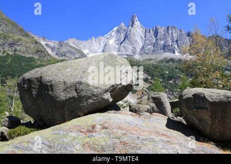 Bloc erratique. Les Drus (3754 m). Le Petit Dru (3.730 m) et le grand Dru (3.754 m). Chamonix. Haute-Savoie. Frankreich. Stockfoto