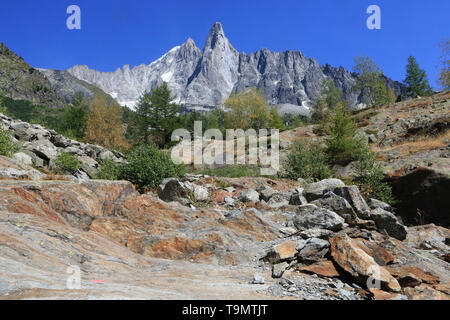 Bloc erratique. Les Drus (3754 m). Le Petit Dru (3.730 m) et le grand Dru (3.754 m). Chamonix. Haute-Savoie. Frankreich. Stockfoto