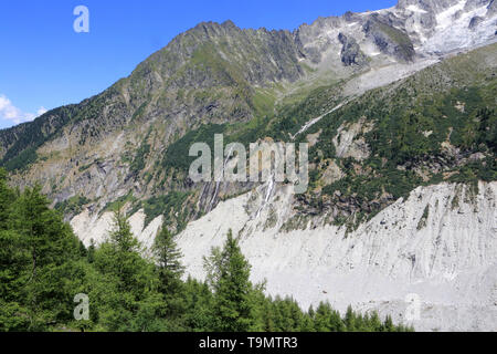 La Mer de Glace. Petit âge glaciaire. Bloc de Granit et cordons morainiques. Montenvers. Haute-Savoie. Frankreich. Stockfoto