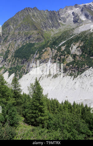 La Mer de Glace. Petit âge glaciaire. Bloc de Granit et cordons morainiques. Montenvers. Haute-Savoie. Frankreich. Stockfoto