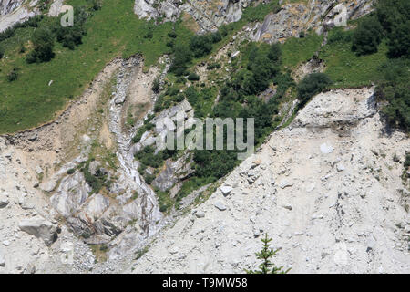 La Mer de Glace. Petit âge glaciaire. Bloc de Granit et cordons morainiques. Montenvers. Haute-Savoie. Frankreich. Stockfoto