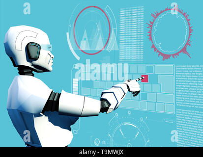 Künstliche Intelligenz, Cyborgs. Roboter. Hud, Head-up-Display, Science Fiction. Sci-fi. Computer und Programmierung, Datenverarbeitung. Projekt. 3D-Rendering Stockfoto