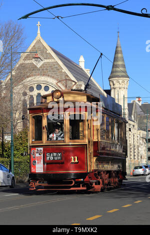 Straßenbahn in Rolleston Avenue, Christchurch, Neuseeland Stockfoto