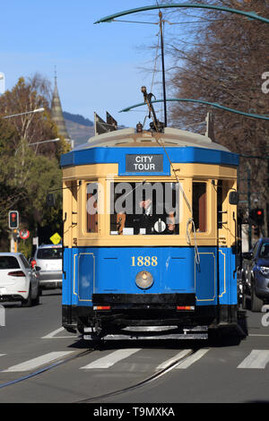 Straßenbahn in Rolleston Avenue, Christchurch, Neuseeland Stockfoto