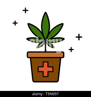 Cannabispflanze in einem Blumentopf. Medizinisches Marihuana. Isolierte Vector Illustration auf weißem Hintergrund. Stock Vektor