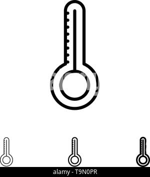 Temperatur, Thermometer, Fett und dünne schwarze Linie Icon Set Stock Vektor