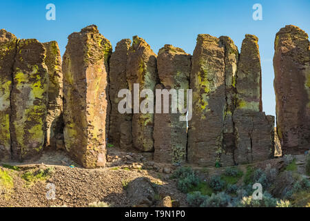 Basaltsäulen in einem berühmten Klettern Bereich der Franzose Coulee, entlang des Columbia River in der Nähe von Vantage, Washington State, USA Stockfoto