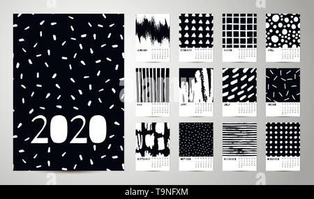 2020 Englisch Kalender Abstract Vector Hand zeichnen Schwarz und Weiß. 12 Monate, Woche beginnt Sonntag. Monochrome Minimalismus Stil. Stock Vektor