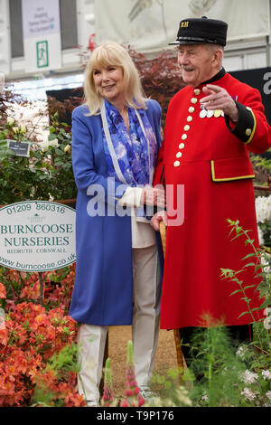 London, UK, 20. Mai 2019, Schauspielerin Susan Hampshire Posen mit einem Chelsea Rentner an der RHS Chelsea Flower Show drücken Sie Tag stattfindet, bevor sie offiziell öffnet sich morgen bis Samstag, den 25. Mai. Der weltbekannte Flower Show ist ein glamouröses, Spaß und einen pädagogischen Tag heraus, die von vielen Berühmtheiten besucht wird. Es gibt viele Gärten, Blumenschmuck, Partyzelte alle im herrlichen Gelände des Royal Hospital Chelsea. Credit: Keith Larby/Alamy leben Nachrichten Stockfoto