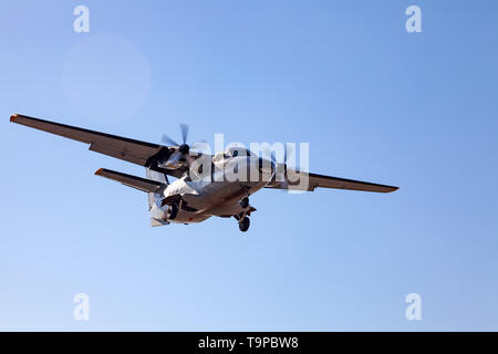 Eine kleine Flugzeuge für den Transport von Passagieren und Fallschirmjäger landet in einem Feld in einem Landeplatz mit Gras unter einem blauen Himmel über der Bäume auf einem Stockfoto