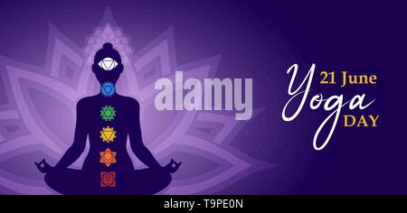 Yoga Tag banner Illustration für meditationsübung Konzept mit Frau Silhouette im Lotussitz und chakra Symbole. Stock Vektor