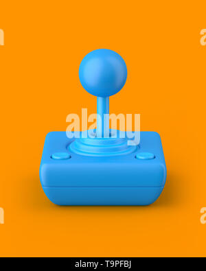 Blue Retro Joystick auf orangem Hintergrund. 3D-Render. Schrägansicht. Kitsch-Serie. Stockfoto