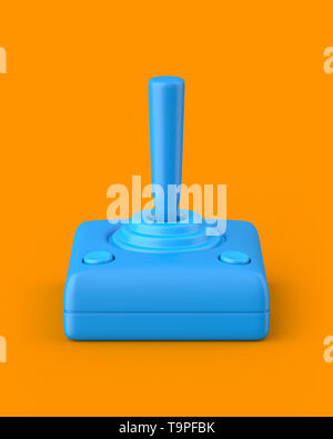 Blue Retro Joystick auf orangem Hintergrund. 3D-Render. Schrägansicht. Kitsch-Serie. Stockfoto