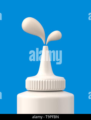 Close-up mayo Quetschflasche squirting auf blauem Hintergrund. 3D-Render. Vorderansicht. Konzeptionelle Szenen der Serie. Stockfoto