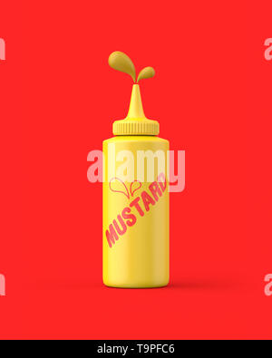 Senf Quetschflasche squirting auf einem roten Hintergrund. 3D-Render. Vorderansicht. Konzeptionelle Szenen der Serie. Stockfoto