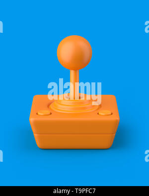Orange Retro Joystick auf blauem Hintergrund. 3D-Render. Schrägansicht. Kitsch-Serie. Stockfoto