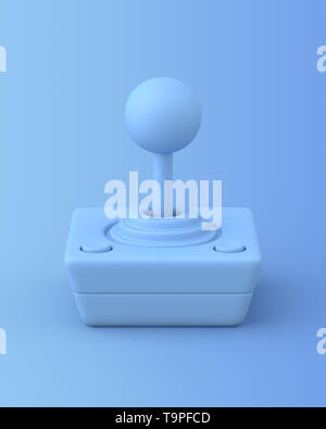 Pastell-blaue Retro Joystick auf einem Pastell-blaue Hintergrund. 3D-Render. Schrägansicht. Pastellfarben Objekte Serie. Stockfoto