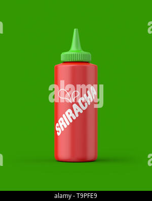 Sriracha Quetschflasche auf grünem Hintergrund. 3D-Render. Vorderansicht. Konzeptionelle Szenen der Serie. Stockfoto