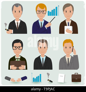 Kollektion für Geschäftsleute. Geschäftsleute bei der Arbeit im Büro. Illustrationssatz Stockfoto