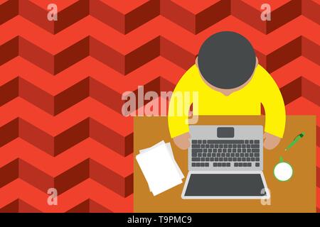 Obere Ansicht junge Mann sitzt Arbeitstisch laptop Dokumente Kaffeetasse pen Copy Space Design Leere Vorlage für Werbung, Promotion, Poster, Flyer, Web Stock Vektor