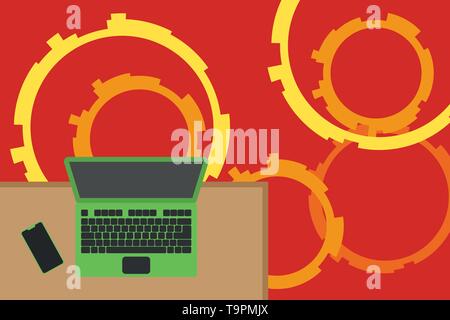 Obere Ansicht Büro Arbeitsplatz Laptop Lügen Holzschreibtisch smartphone Seite Design Business Konzept. Business ad für Website und Promotion Banner. Leer Stock Vektor