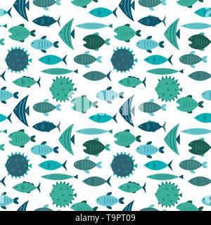 Nahtlose Muster mit blauen Fisch Silhouetten vector Hintergrund Stock Vektor