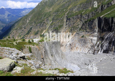 Glacier d'Argentière. Roche poncée par la glace. La zone Blanchie entsprechen à la crue glaciaire des années 1960/1990. Argentière. Haute-Savoie. Franc Stockfoto