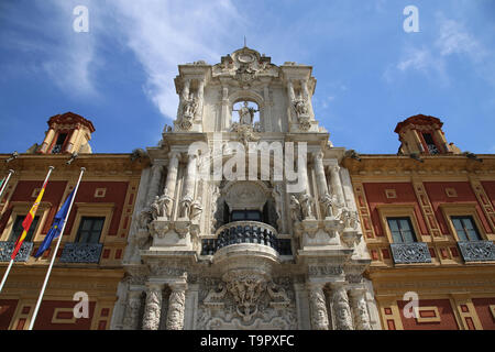 Spanien. Andalusien. Sevilla. Palast von San Telmo. Barroque. Hauptfassade mit churrigueresque Eingang, 1754 von Figueroa Familie. Stockfoto