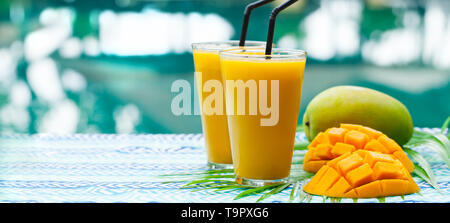 Frischen tropischen Früchten Smoothie mango Saft und frische Mango auf einer im Hintergrund. Kopieren Sie Platz. Stockfoto