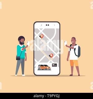 Personen, die Online Bestellung taxi Car Sharing mobile Konzept Transport Carsharing Service App zwei afrikanische amerikanische Männer in der Nähe von SMARTPHON Stock Vektor