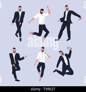 Festlegen der Männer, die auf dem Smartphone selfie Foto Kamera Geschäftsleute in formal Wear Kollektion männlichen Zeichentrickfiguren in der Klage Flachbild volle Posing Stock Vektor