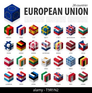 Die Europäische Union und die Mitgliedschaft. EU. 3D-kubische Flagge isometrische Top Design. Vektor Stock Vektor