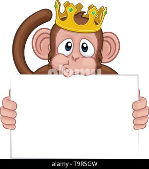 Monkey King Crown Cartoon Tier Holding unterzeichnen Stock Vektor