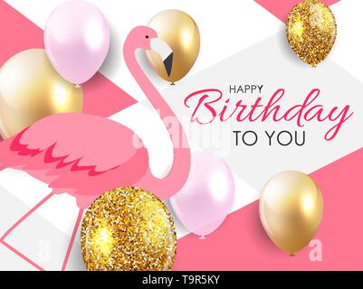 Bunte cartoon rosa Flamingo auf einem schönen Hintergrund Grußkarte zum Geburtstag Grüße. Vector Illustration. EPS 10. Stock Vektor