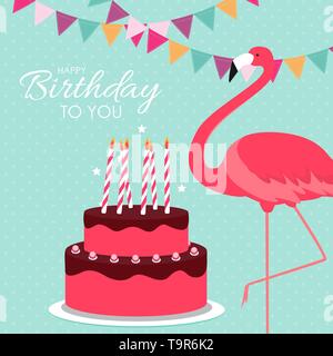 Alles Gute zum Geburtstag Poster Hintergrund mit Kuchen bunte und Cartoon rosa Flamingo. Vector Illustration. EPS 10. Stock Vektor