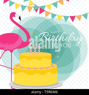 Alles Gute zum Geburtstag Poster Hintergrund mit Kuchen bunte und Cartoon rosa Flamingo. Vector Illustration. EPS 10. Stock Vektor