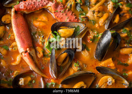 Eine selbstgemachte Version von cioppino Fisch Eintopf. Es ist von squid Ringe aus einem Loligo Kalmaren im Englischen Kanal, Pollack, pollachiu gefangen vulgaris gemacht Stockfoto