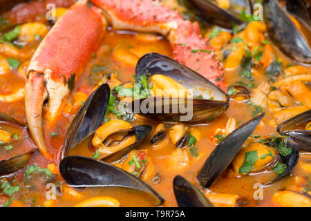 Eine selbstgemachte Version von cioppino Fisch Eintopf. Es ist von squid Ringe aus einem Loligo Kalmaren im Englischen Kanal, Pollack, pollachiu gefangen vulgaris gemacht Stockfoto