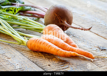 Karotten und rote Beete einfach im Garten auf Holzbrettern abgeholt. Nur frische Karotten und rote Beete geerntet. Stockfoto