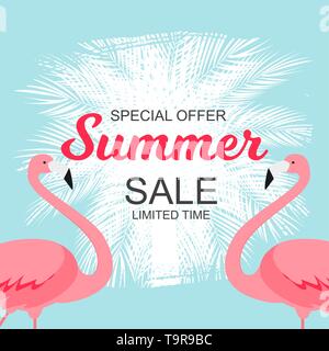 Summer Sale Konzept mit farbenfrohen Cartoon rosa Flamingo Hintergrund. Vector Illustration Stock Vektor