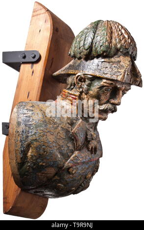 Eine Galionsfigur SMS "Radetzky" Farbe portraitbüste von Feldmarschall Radetzky, in Holz geschnitzt. Detaillierte Form, dicke Lackschicht, teilweise spröde und zersplittert (der vordere Teil der Hut durch Manöver abgebrochen). Die Büste ist auf einen Holzbalken mit Wandmontage montiert. Abmessungen Ca. 60 x 50 x 30 cm Schraube Fregatte "Radetzky" mit 37 Kanonen ausgestattet war und hatte eine Besatzung von 372 Mann. Unter dem Kommando von Admiral Tegetthoff von und mit Franz Jeremiasch als Kapitän des Schiffes, der "Radetzky" Artikel, die in der Seeschlacht gegen die Dänen n nahm, Additional-Rights - Clearance-Info - Not-Available Stockfoto